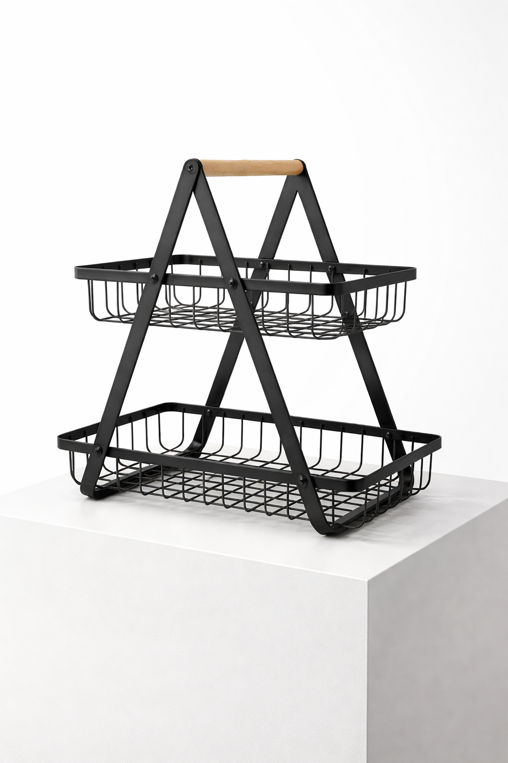 Modern 2-Tier Metal Storage Basket with Wooden Handle
