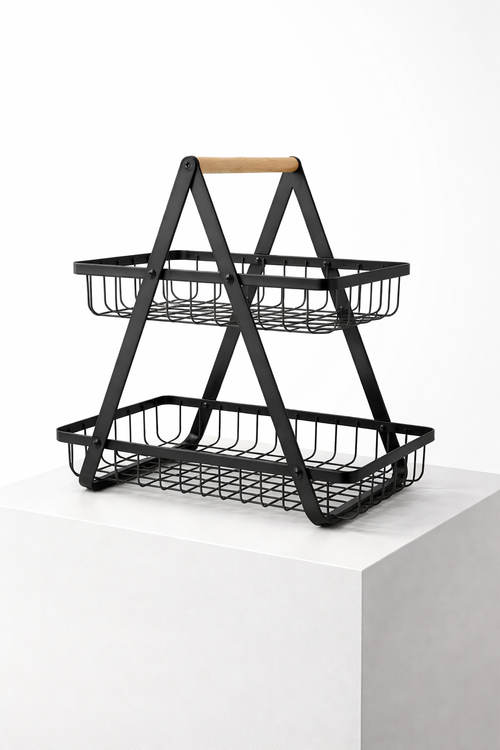 Modern 2-Tier Metal Storage Basket with Wooden Handle