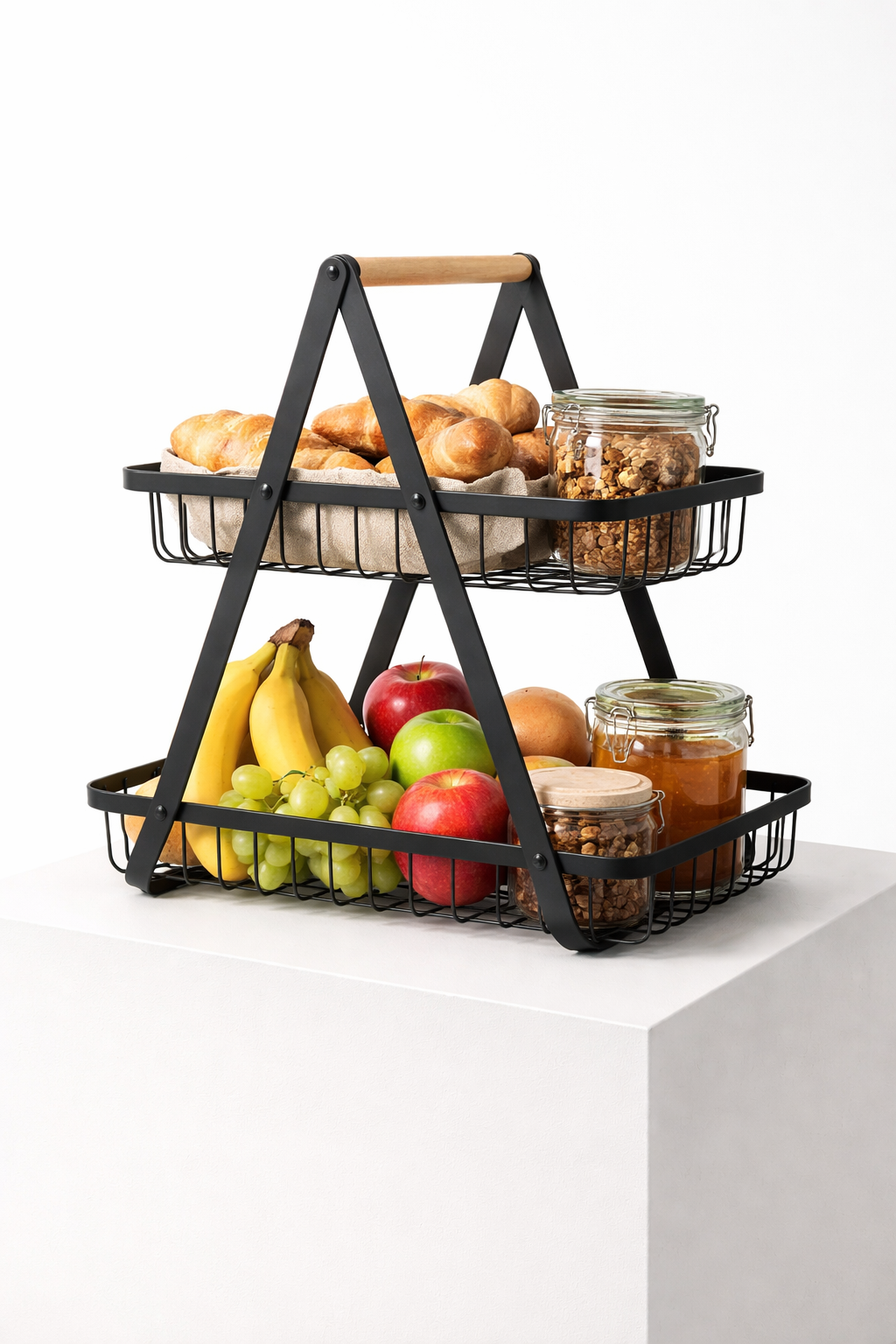 Modern 2-Tier Metal Storage Basket with Wooden Handle